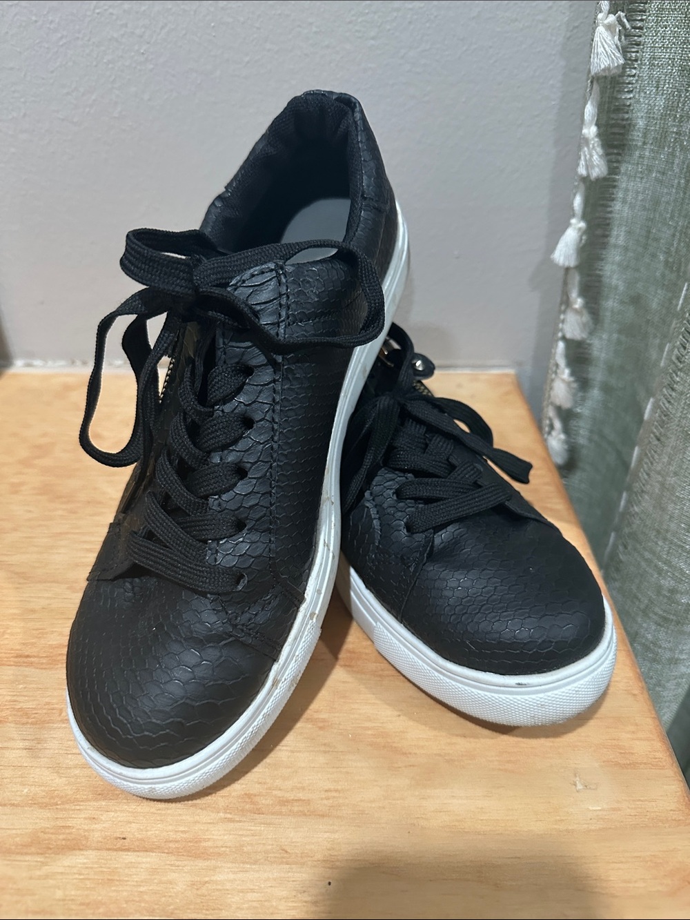 Black Faux-Snake Lace-Up Sneakers with White Soles